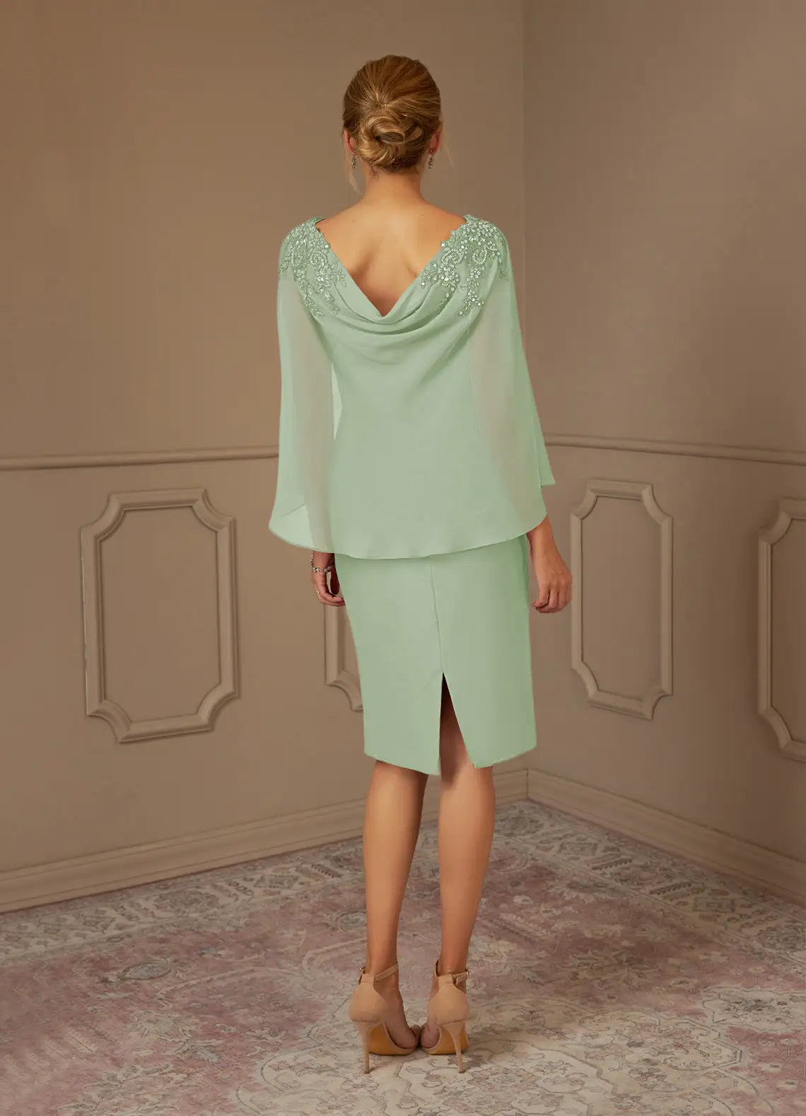 Wholesa Sheath Lace Chiffon Tea Length Dusty Sage formal dresses evening dress Mother of the Bride Dresses