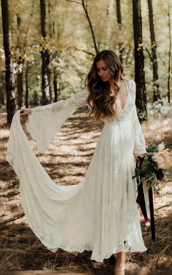 Wholesa Boho Simple Casual Long Sleeves Lace Wedding Dress With Sweep Train