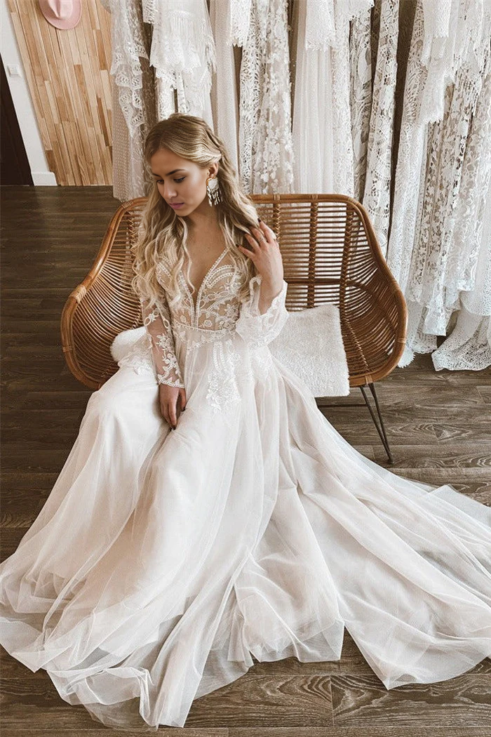 Wholesa A-Line Top Flare Sleeves Lace Open Back Wedding Dress
