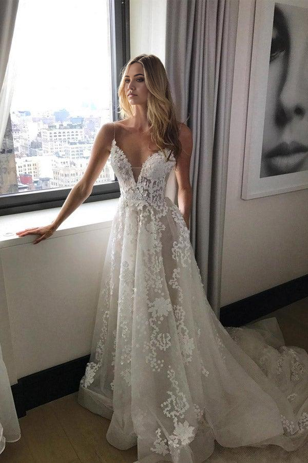 Wholesa Beach Deep V Neck Spaghetti Straps Wedding Dress Bridal Gown