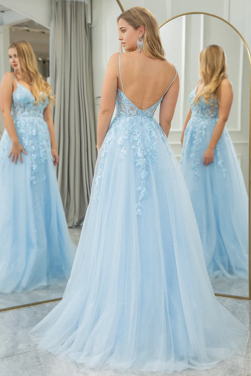 Wholesa A Line Backless Long Tulle Light Blue formal dress evening gown Prom Dress With Appliques