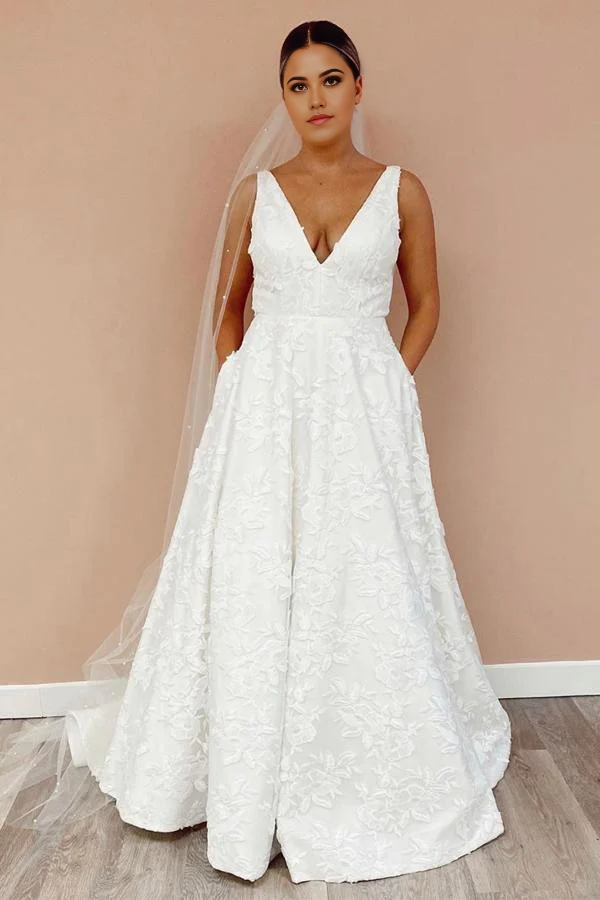 Wholesa A Line Illustion V Neckline Floral Lace Back Court Train Wedding Dress