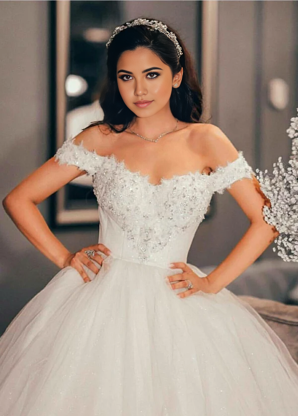 Wholesa A-line Off-the-Shoulder Sleeveless Beading Ball Gown Wedding Dress with Train