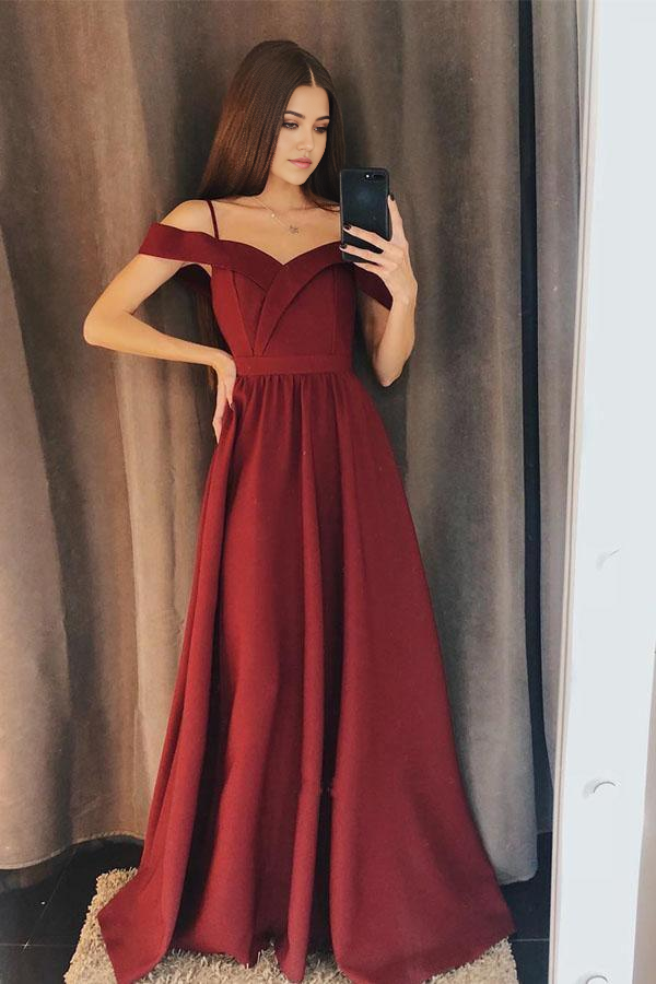 Wholesa A Line Charming Off the Shoulder Burgundy Satin Long Prom Dresses