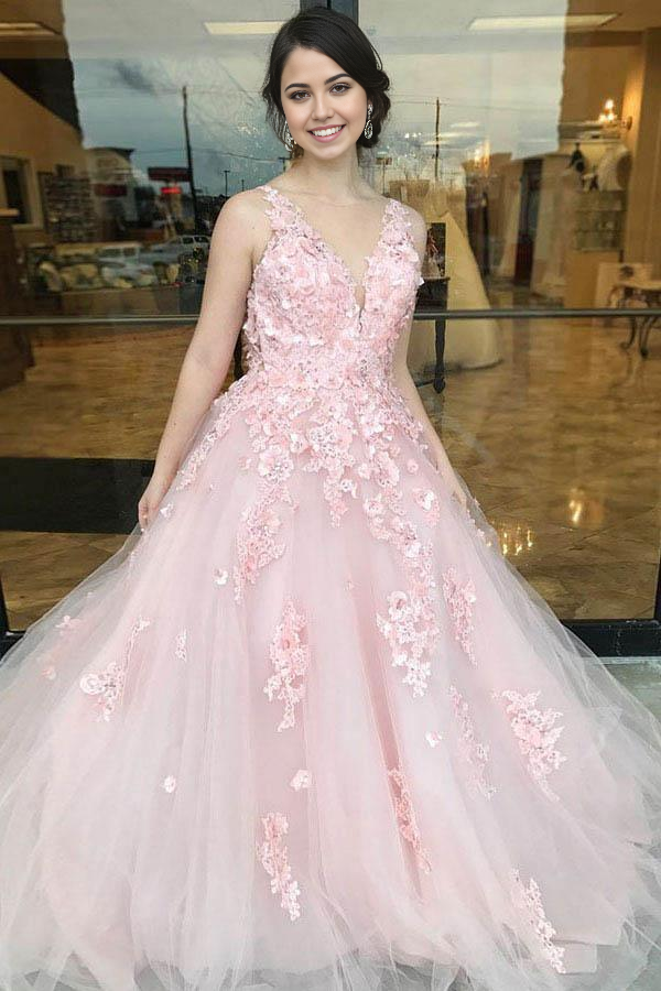 Wholesa A-Line Deep V-Neck Sweep Train Tulle Open Back Pink Prom Dress with Appliques