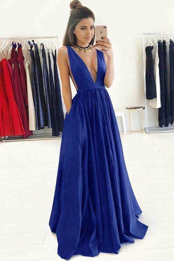 Wholesa A-Line Deep V-Neck Sweep Train Royal Blue formal dresses evening gown Prom Dress with Ruched