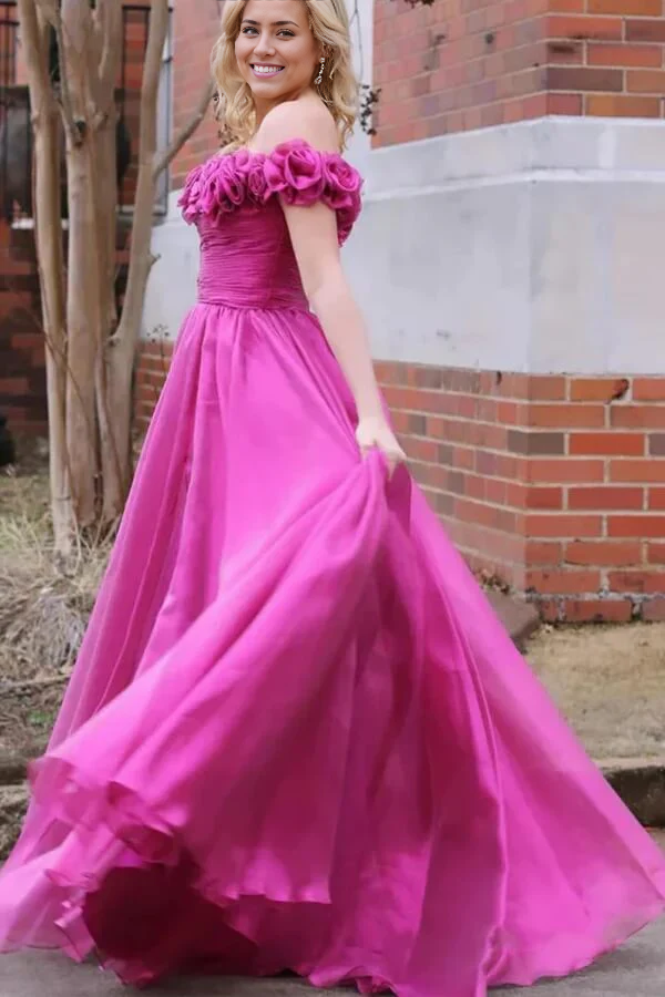 Wholesa A-line Off-the-Shoulder Tulle Prom Dresses With 3D Flowers