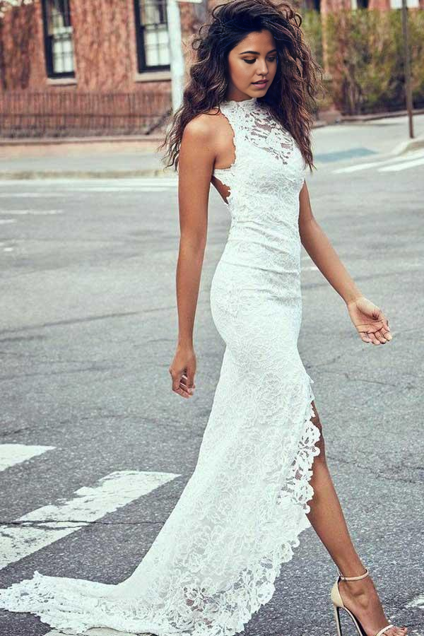 Wholesa Mermaid High Neckline Lace Backless Wedding Dresses With Court Train