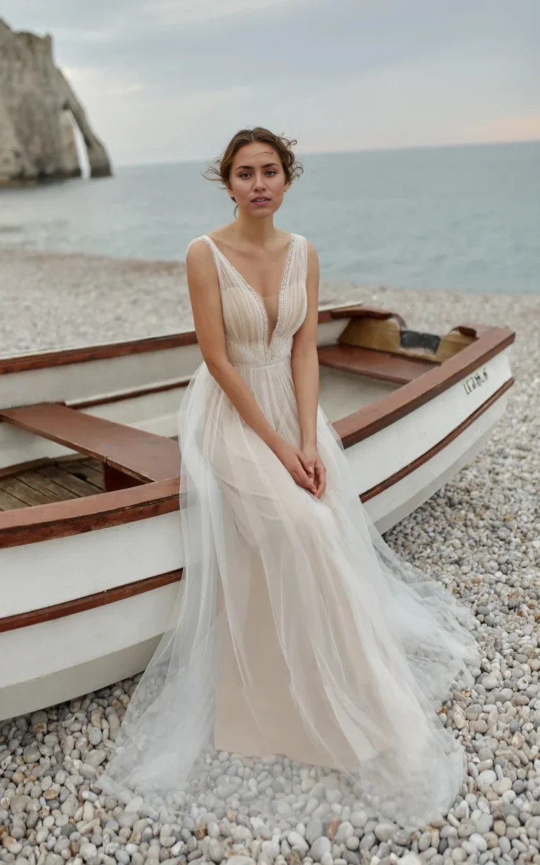 Wholesa A-Line Tulle Deep V-Neck Open Back Double Layers Elegant Floor Length Long Dress With Sequin