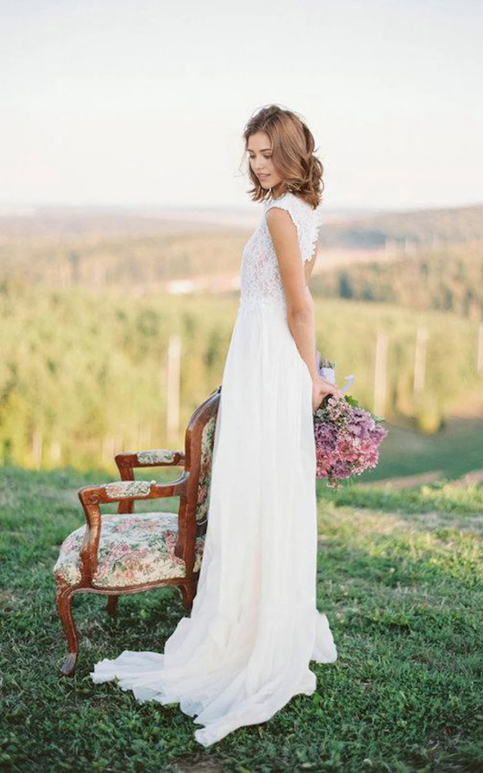 Wholesa Boho Lace Floor-Length Cap Dress Wedding Dresses With Keyhole Back