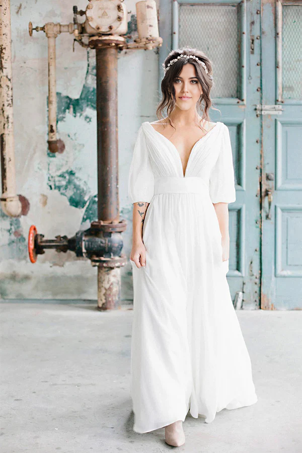 Wholesa A-line V-neck Half-sleeve Simple Chiffon Wedding Dress