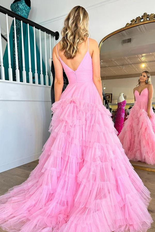 Wholesa A-line V-Neck Tiered Pink Long Prom Dress with Ruffles