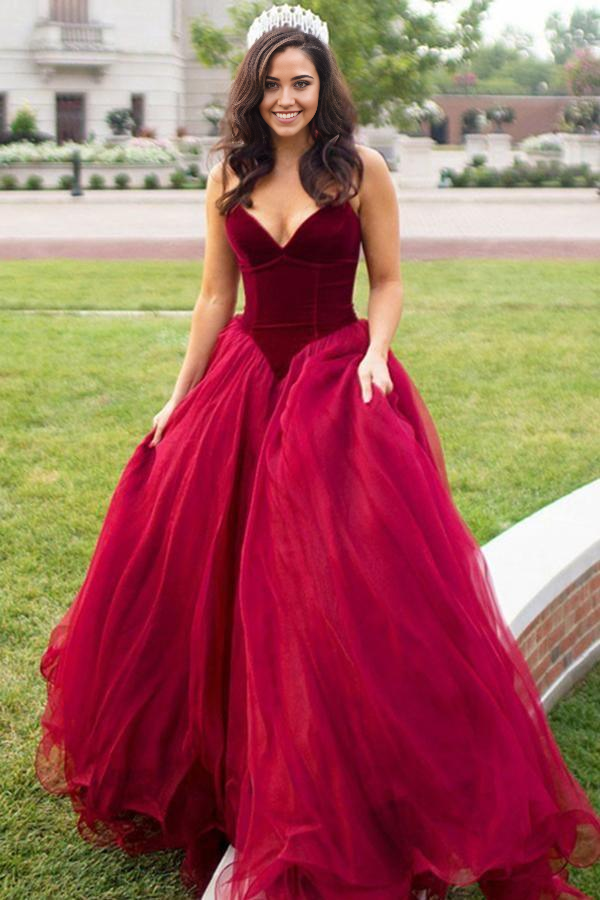 Wholesa A-line Sweetheart Sweep Train Tulle Dark Red Ball Gown Prom Dress
