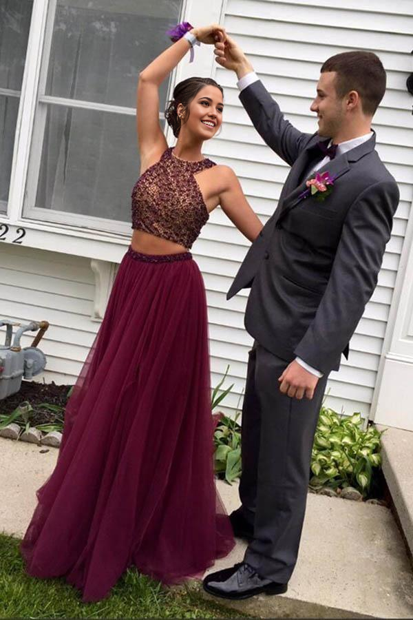 Wholesa Two Piece Halter Burgundy Tulle Open Back Beading formal dresses evening gown Prom Dresses