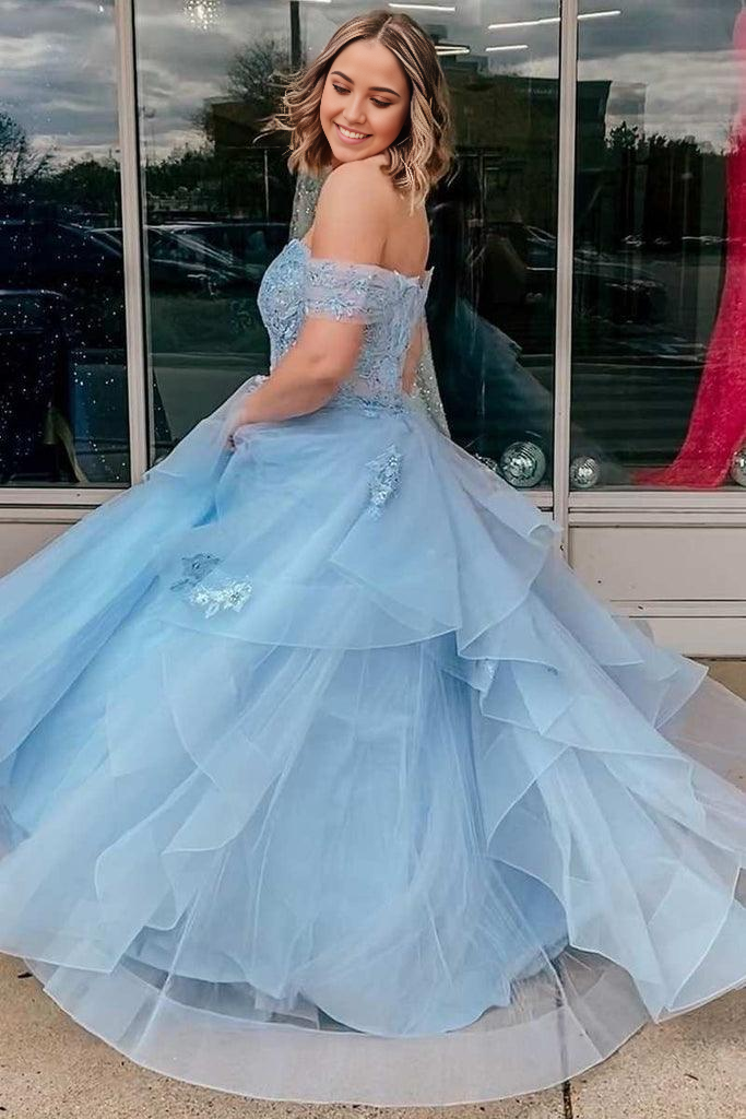Wholesa A-Line Tulle Off-the-Shoulder Tiered Light Blue Prom Evening Dress