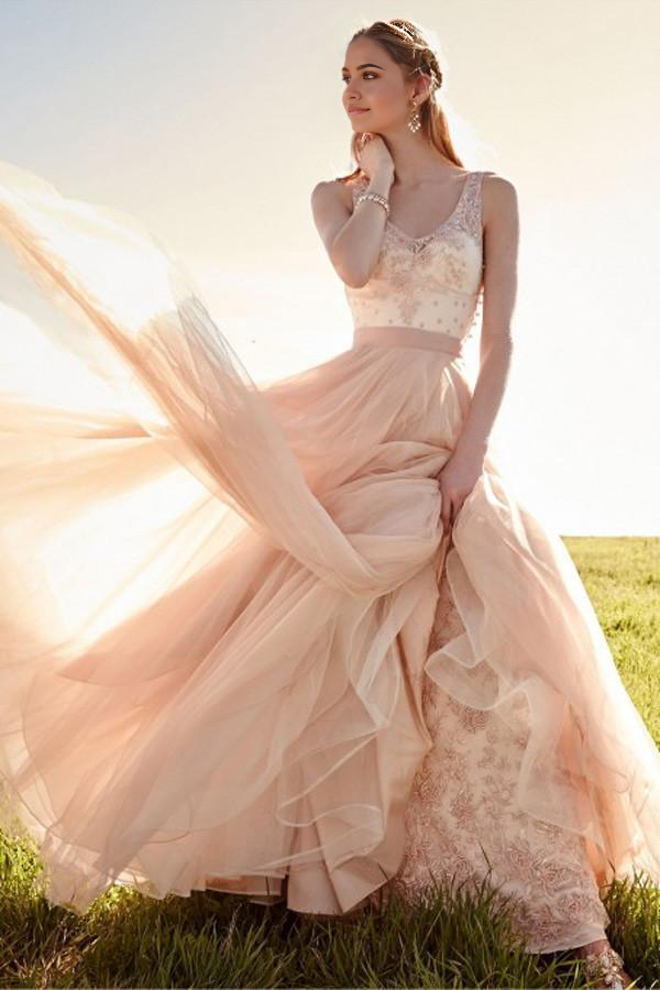Wholesa Romantic V Neck Blush Pink Lace Detachable Skirt Bridal Dresses Wedding Dresses