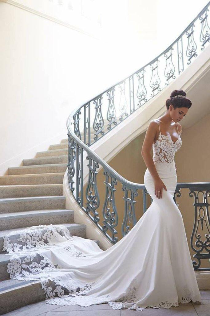 Wholesa Mermaid Spaghetti Strap Backless Applique Fitted Wedding Dresses