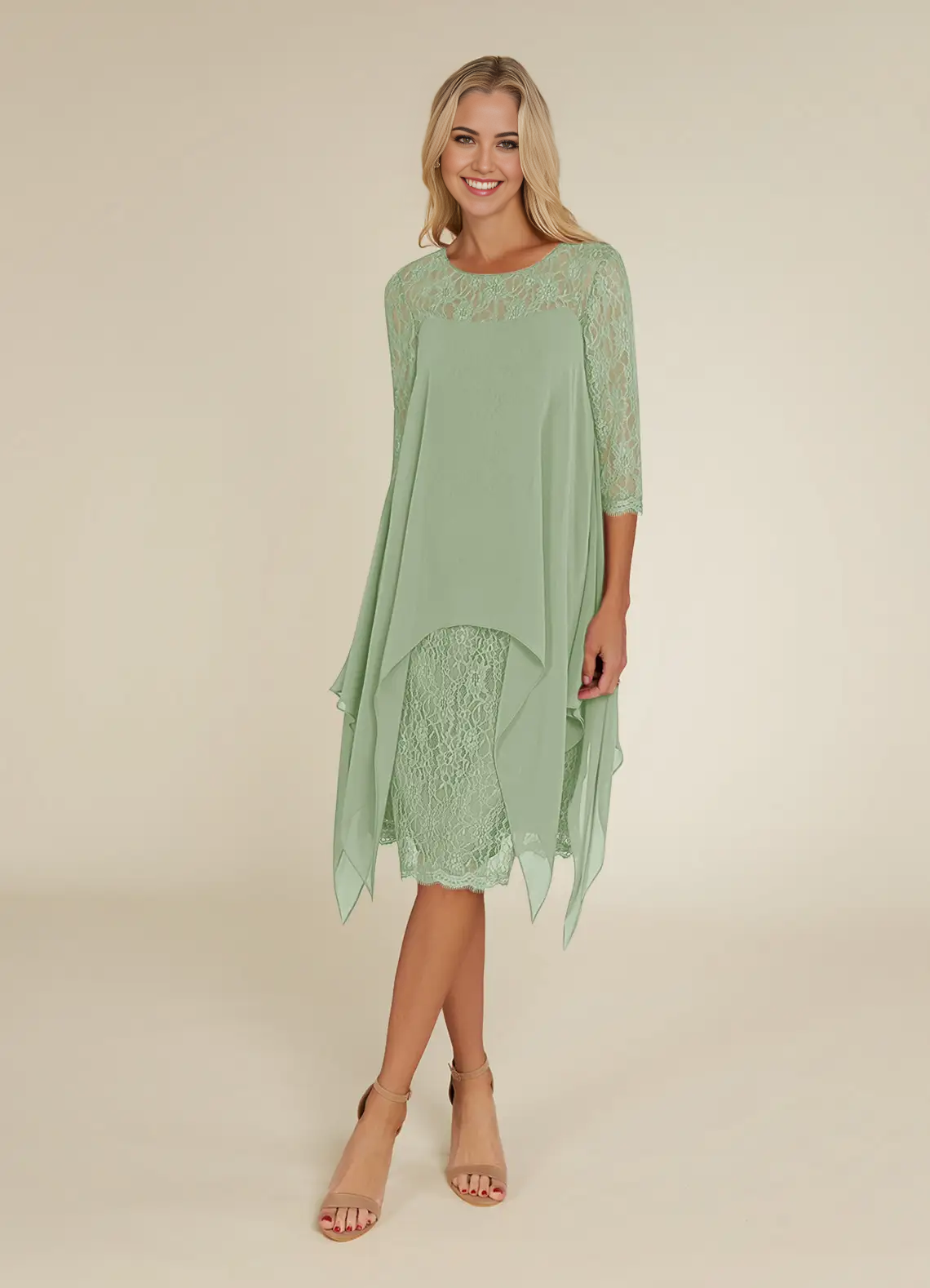 Wholesa A-Line Crew Neck Lace Chiffon Dusty Sage formal dresses evening dress Mother of the Bride Dresses