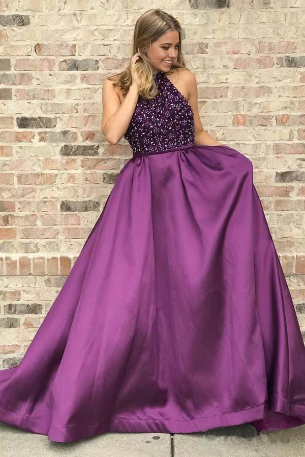 Wholesa Beaded Elegant High Neck Purple Long Prom Dresses