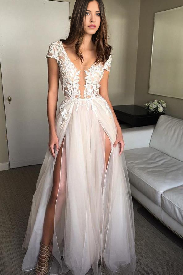 Wholesa A-line Cap Sleeve Deep V-neck Appliques Sexy Split Wedding Dresses