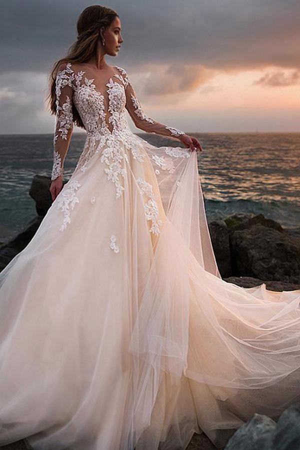 Wholesa A-line Beach Ivory Tulle Wedding Dress with Illusion Lace Long Sleeves