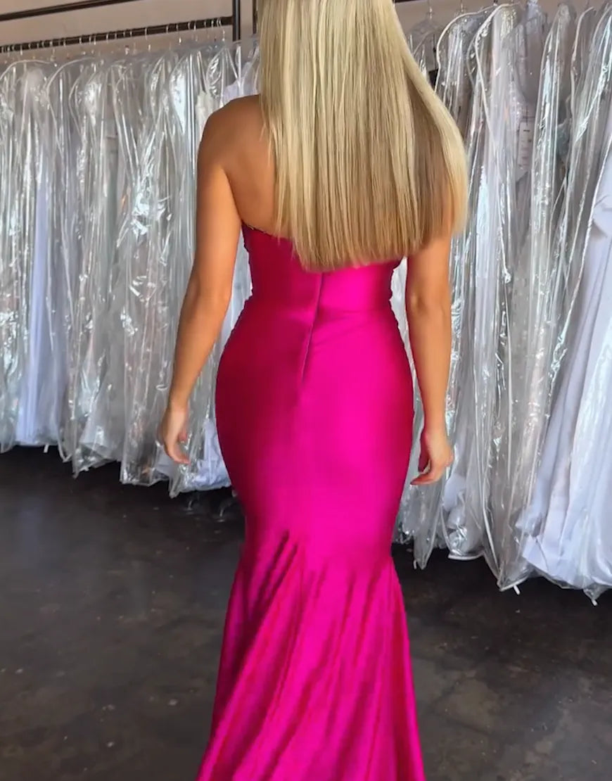 Wholesa Mermaid Ruched Strapless Fuchsia formal dresses evening gown Long Prom Dress