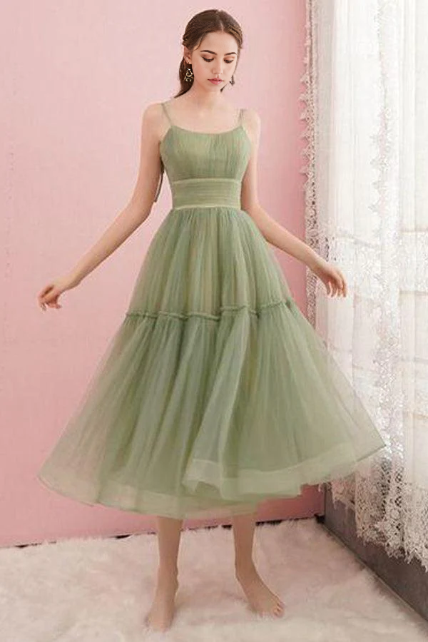 Wholesa Simple Tulle Round Neck Sage Green Homecoming Graduation Dresses