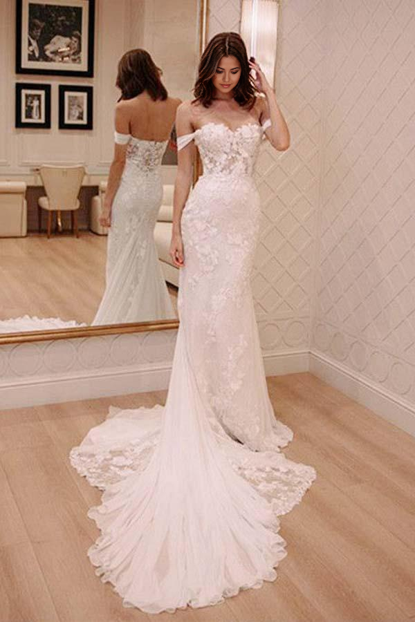 Wholesa Mermaid Off Shoulder Appliques Court Train Chiffon Wedding Dress with Lace