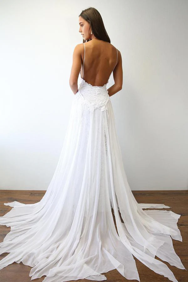 Wholesa Beach A-line Sexy Spaghetti Straps White Long Wedding Dress