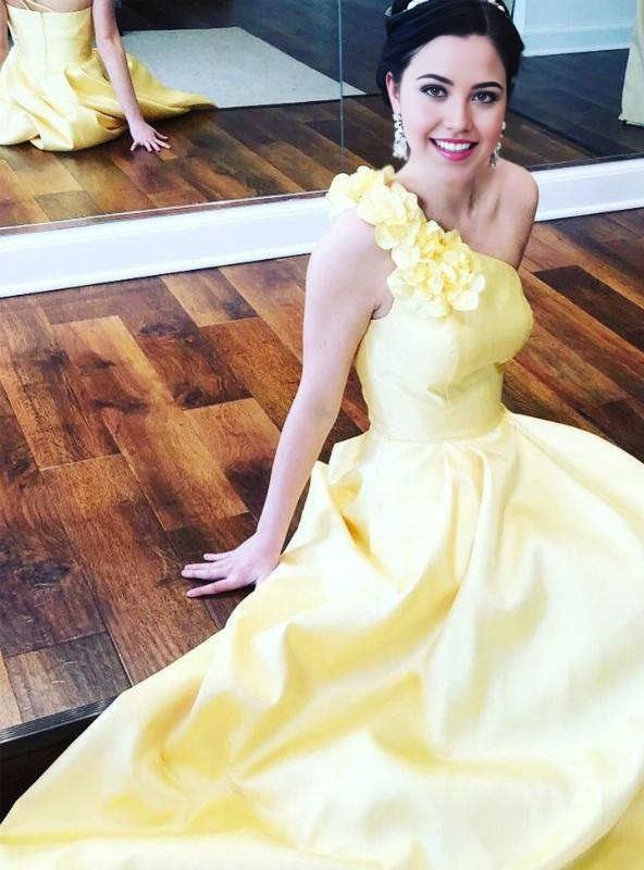 Wholesa A-Line One Shoulder Flower Blue Satin Long Prom Dress Formal Dress