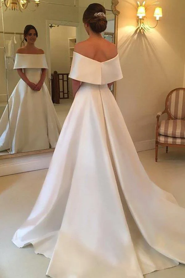 Wholesa A-Line Off-the-Shoulder Sweep Train Satin Wedding Dresses with Ruffle