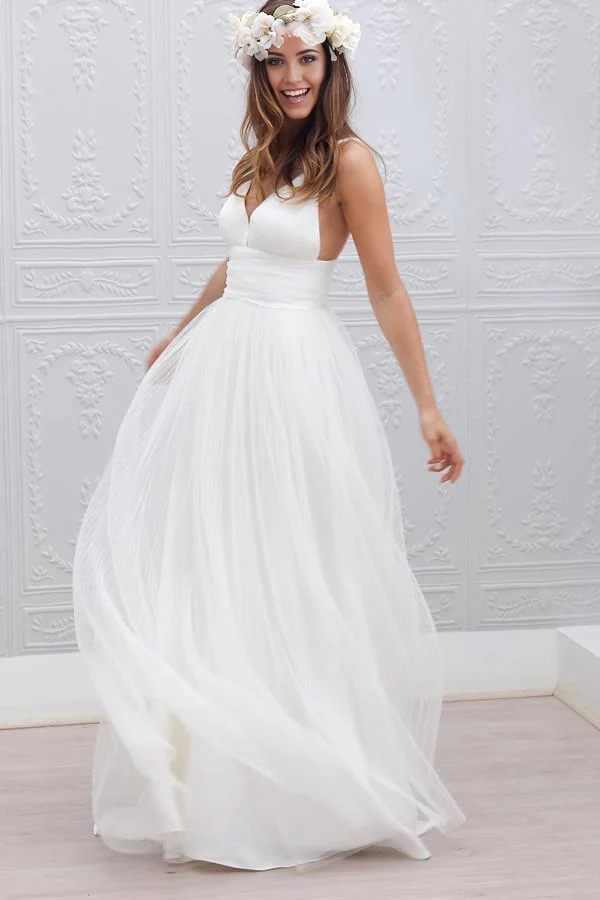 Wholesa Simple A-line V-neck Floor-Length Wedding Dress With Ruched Sash
