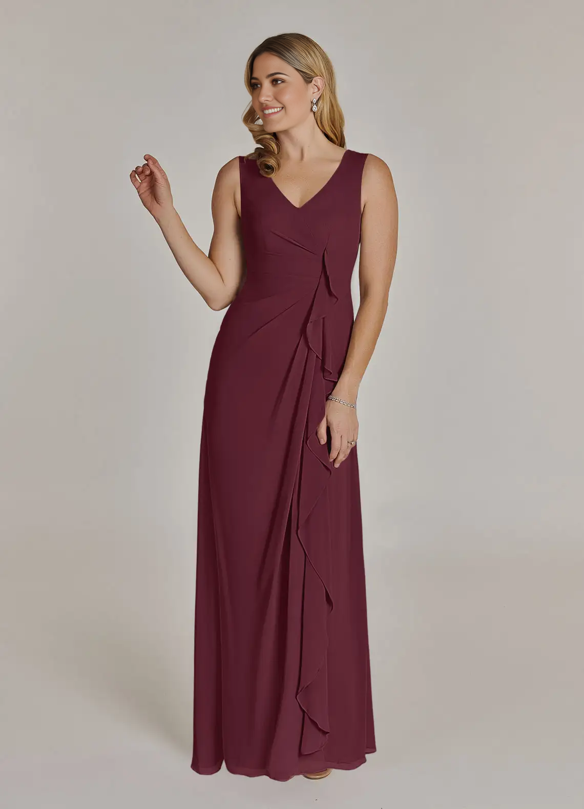 Wholesa A-Line V-Neck Pleated Chiffon Cabernet Mother of the Bride Dresses