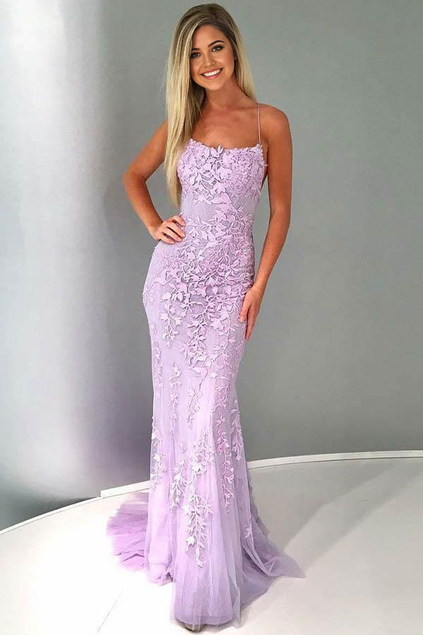 Wholesa Mermaid Spaghetti Straps Lilac Tulle Prom Dress Evening Dress with Appliques