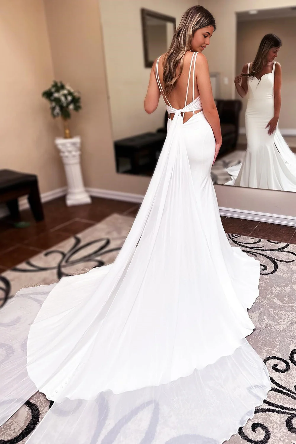Wholesa Mermaid Sweetheart Backless Long Wedding Dress with Attached Train