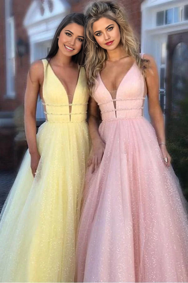 Wholesa A-Line Deep V-Neck Sweep Train Tulle Backless Pink Prom Dress with Beading