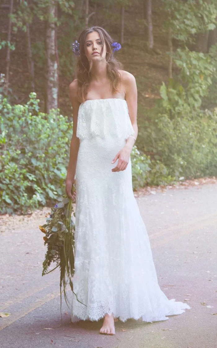 Wholesa Mermaid Lace Boho Off-Shoulder Long Wedding Dress With Ruffles