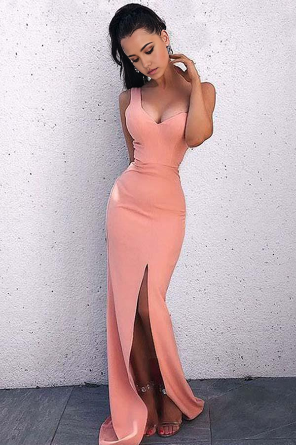 Wholesa Sheath V Neck Open Back Blush Pink Split Long Prom Dresses Evening Dresses