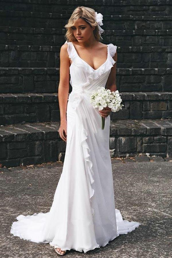 Wholesa Elegant V-neck Chiffon Ruffles Sleeveless Bridal Gowns Wedding Dress
