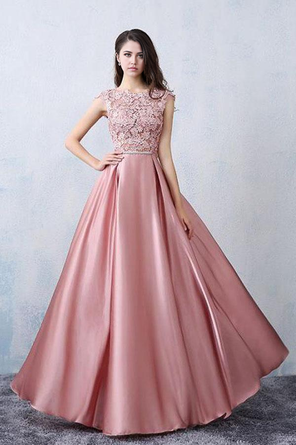 Wholesa A-line Scoop Pink Satin Applique Prom Dress Evening Dress