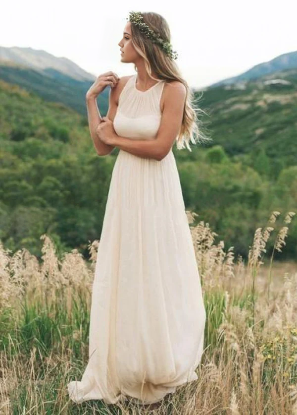 Wholesa A Line Chiffon Elegant Bohemian Sleeveless Long Wedding Dresses