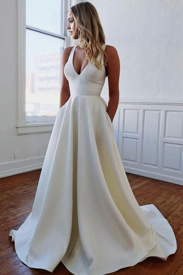 Wholesa A-line Simple V Neck Ivory Satin Wedding Dress With Bow-knot