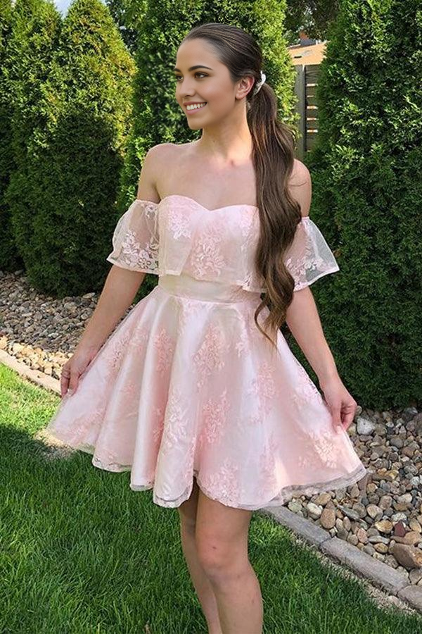 Wholesa A-line Off the Shoulder Short Pink Lace Prom Dresses Homecoming Dresses