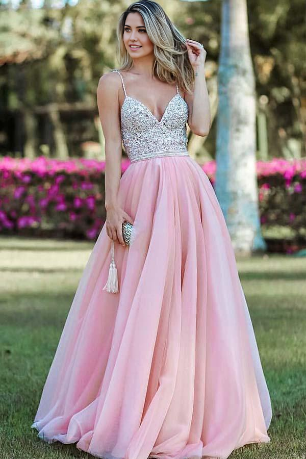 Wholesa A-line Spaghetti Straps Backless Beading Pink Long Prom Dresses Evening Dress