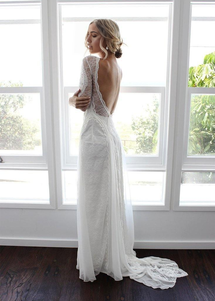 Wholesa Sheath/Column Lace Long Sleeve Open Back Bridal Gown Wedding Dress