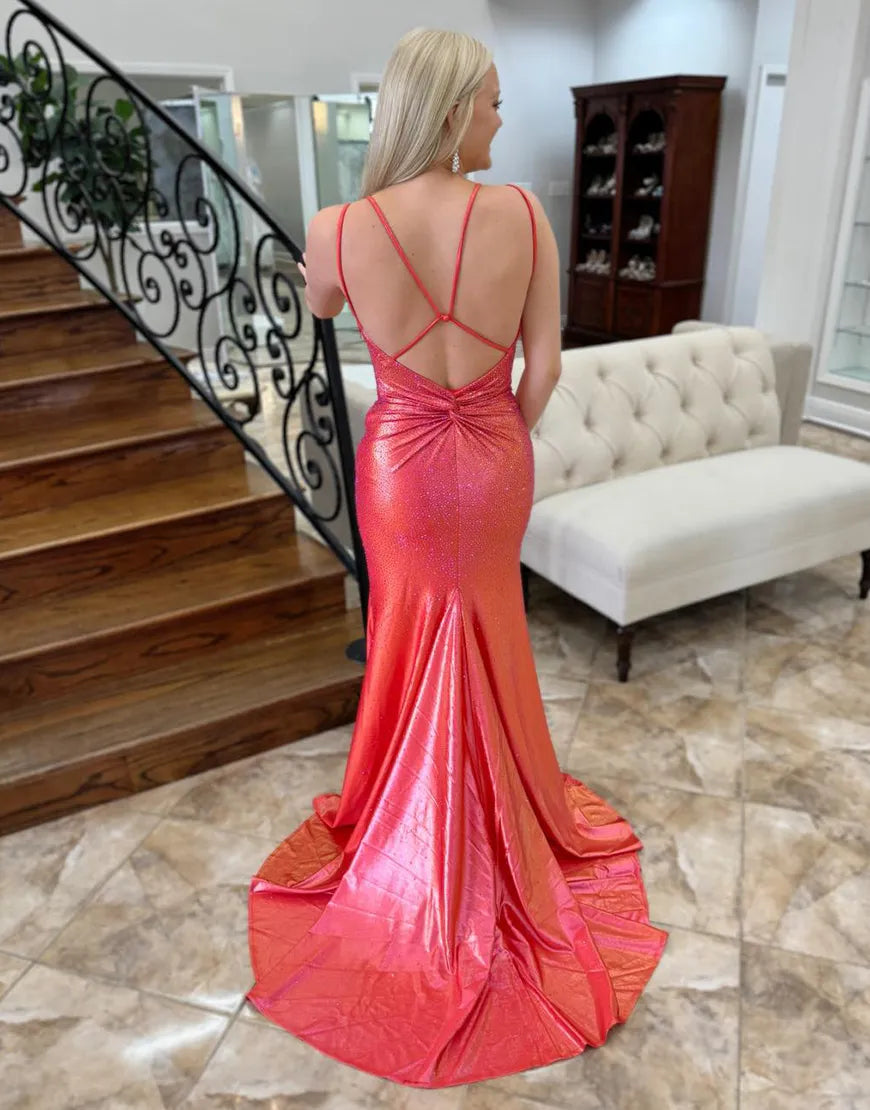 Wholesa Mermaid Sparkly Double Spaghetti Straps Beading Red Long formal dresses evening gown Prom Dress