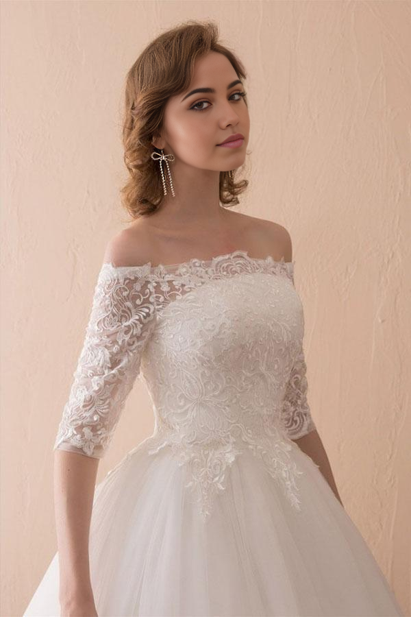 Wholesa A-line Off The Shoulder Lace Ball Gown Wedding Dress With 1/2 Sleeves