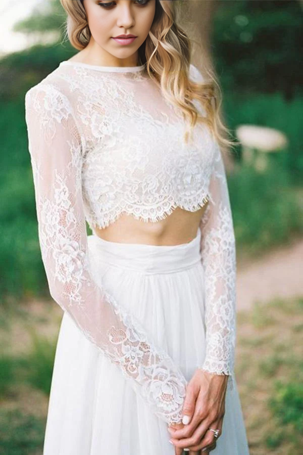 Wholesa Two Piece A Line Round Neck Long Sleeves Lace Beach Wedding Dresses