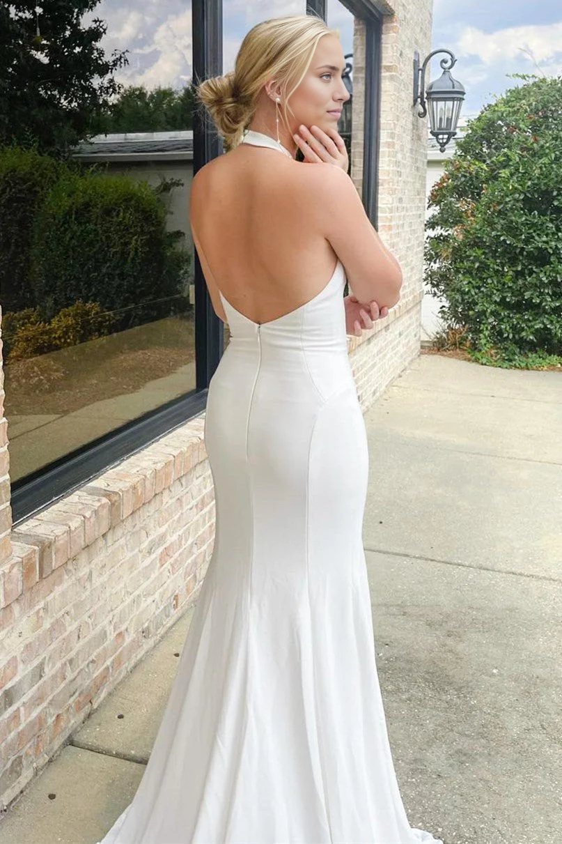 Wholesa Mermaid Halter Long Wedding Dress with Slit