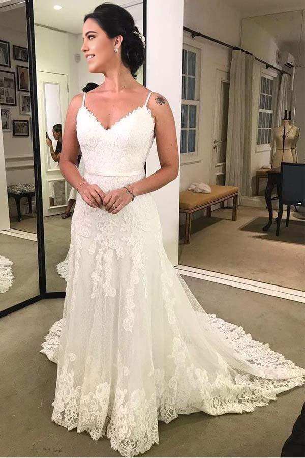 Wholesa Mermaid Beach Spaghetti Strap Printed Backless Lace Wedding Dresses